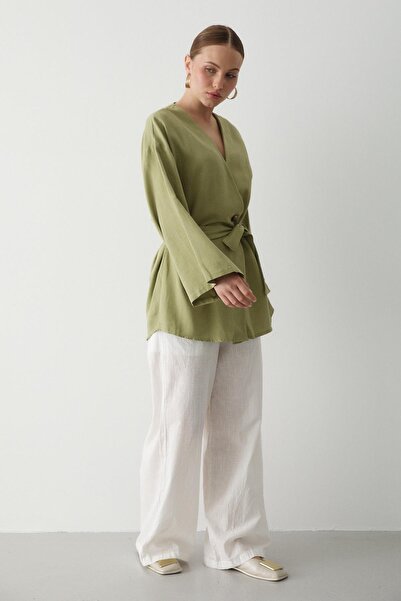 Laluvia Khaki bavlněné knoflíkové lněné kimono s páskem