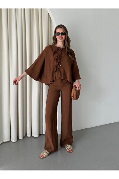 Laluvia Brown Batwing Sleeve Lace-Up Button Detailed Suit