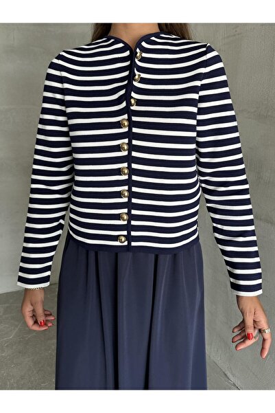 Laluvia Sötétkék-Ecru gallér nélküli, csíkos mintás, aranygombos kardigán