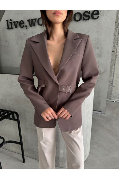 Laluvia Stone Color Design Belted Blazer Jacket