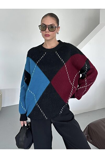 Laluvia Burgundy-Blue Diamond Patterned Sweater