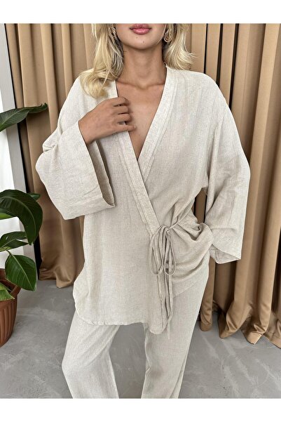 Laluvia Kővel díszített, oldalt megkötős vászon szövet kimonó szett