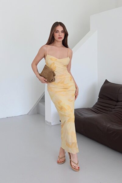 Laluvia Sarı Yan Drapeli Çiçek Desenli Elbise