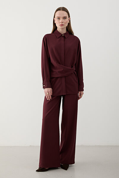 Laluvia Bordo Gold Accessory Buttoned Shirt Trouser Set - 8856