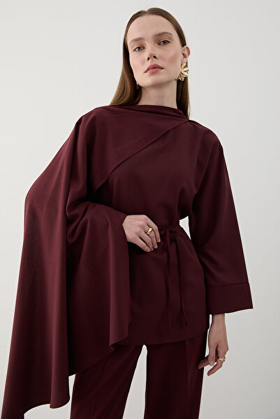 Laluvia Burgundy Self-Tied Blouse and Pants Set - 8752