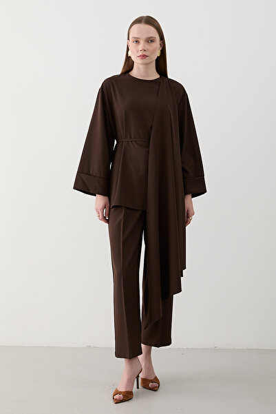 Laluvia Bitter Brown Self-Wrapped Blouse Pants Set - 8752