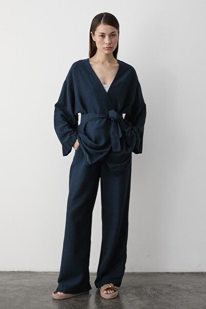 Laluvia Sötétkék pamut kimonó széles szárú nadrág szett