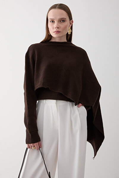 Laluvia Brown Knit Sweater with Scarf Detail - 98073