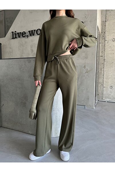 Laluvia Khakifarbenes Sweat-Hosenset mit weitem Bein