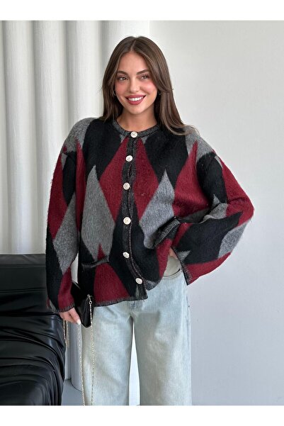 Laluvia Burgundy Silver Buttoned Diamond Patterned Cardigan