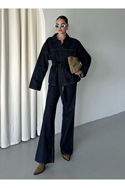 Laluvia Navy Blue Tie-Up Denim Jacket Pants Set