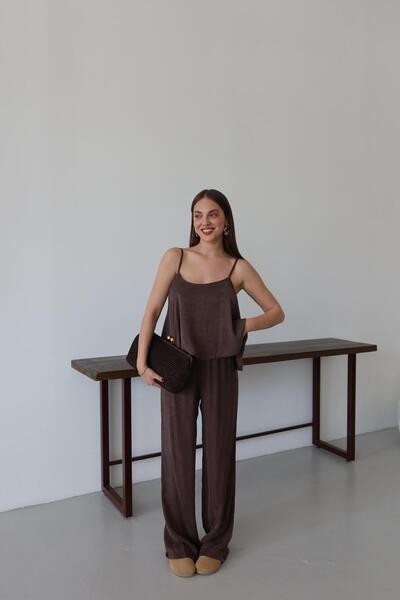 Laluvia Brown Satin Look Suspender Blouse Pants Set