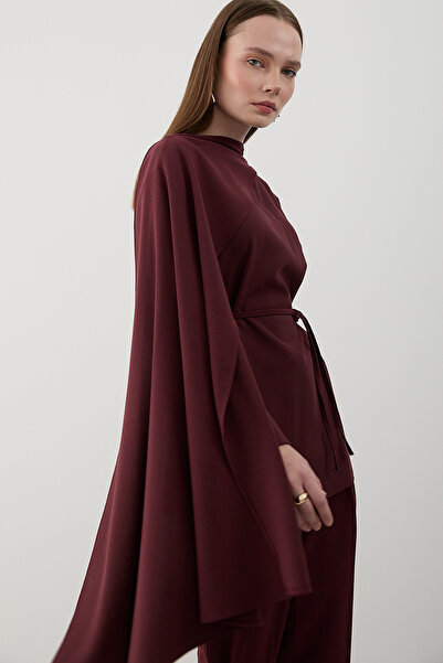 Laluvia Burgundy Self-Tied Blouse and Pants Set - 8752