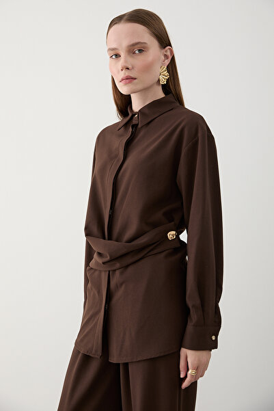 Laluvia Brown Gold Accessory Buttoned Shirt Pants Set - 8856