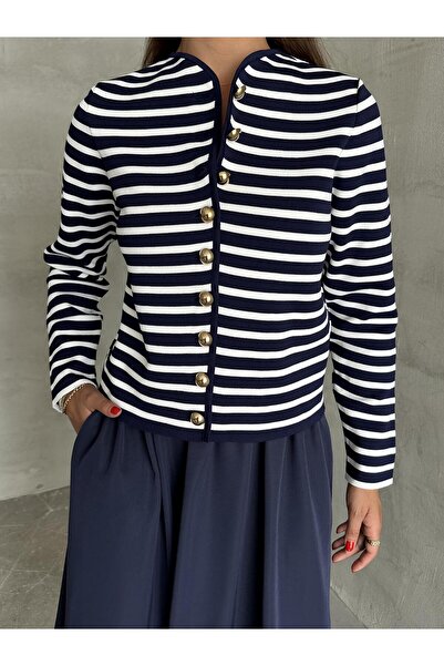 Laluvia Sötétkék-Ecru gallér nélküli, csíkos mintás, aranygombos kardigán
