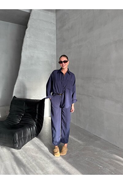 Laluvia Navy Blue Merlin Belted Shirt Pants Set