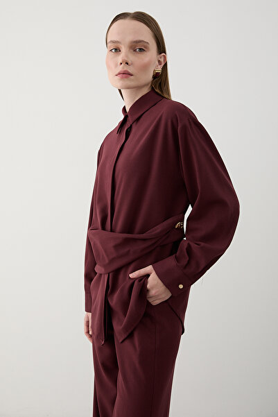 Laluvia Bordo Gold Accessory Buttoned Shirt Trouser Set - 8856