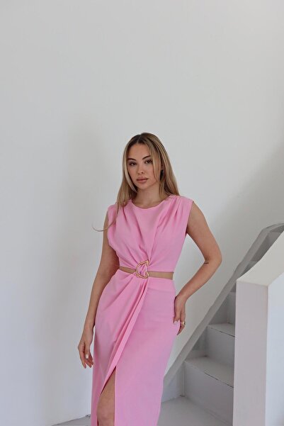 Laluvia Pink Front Buckle Side Cutout Dress