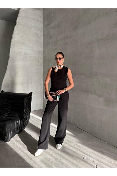 Laluvia Fekete Camille klasszikus gombos mellény nadrág szett