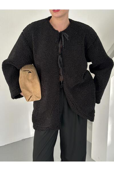 Laluvia Černá Teddy bunda se zavazováním vpředu