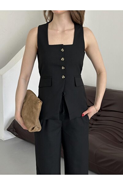 Laluvia Černý čtvercový límec Vesta Kalhoty Set