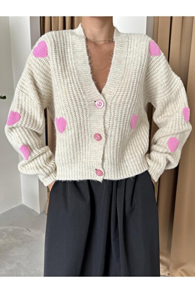 Laluvia Πλεκτό Ζακέτα Πέτρινο Ροζ Καρδιά