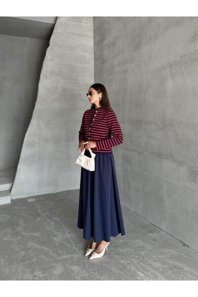 Laluvia Sötétkék-piros gallér nélküli csíkos mintás aranygombos kardigán