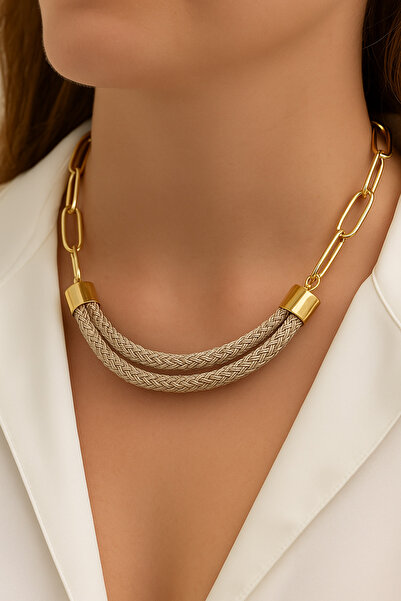 Kutcha Accessories Chain Short Necklace with Braided Detail – with Gold Color...