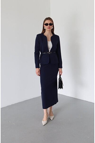 Laluvia Navy Blue Elvira Pencil Skirt Jacket Set