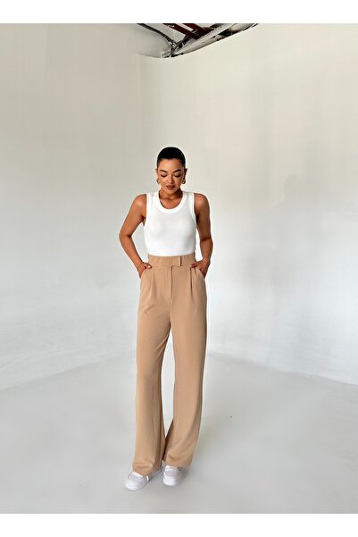 Laluvia Camel Palazzo Trousers - Shiny, Lycra and Velcro Closure