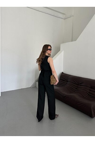 Laluvia Černý čtvercový límec Vesta Kalhoty Set