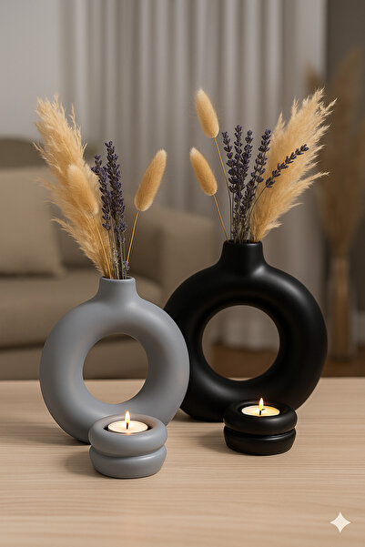 TACTIC Modern Dekoratif Halka Vazo Ve Mumluk Seti - Iskandinav Ev Dekor Seti 4 Parça Takım Siyah - Gri
