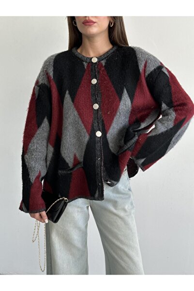 Laluvia Burgundy Silver Buttoned Diamond Patterned Cardigan