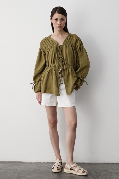 Laluvia Haki %100 Pamuk Kolu Lastikli Müslin Gömlek