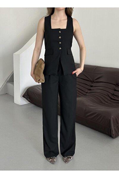 Laluvia Černý čtvercový límec Vesta Kalhoty Set