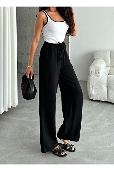 Laluvia Černé bavlněné lněné kalhoty s elastickým pasem