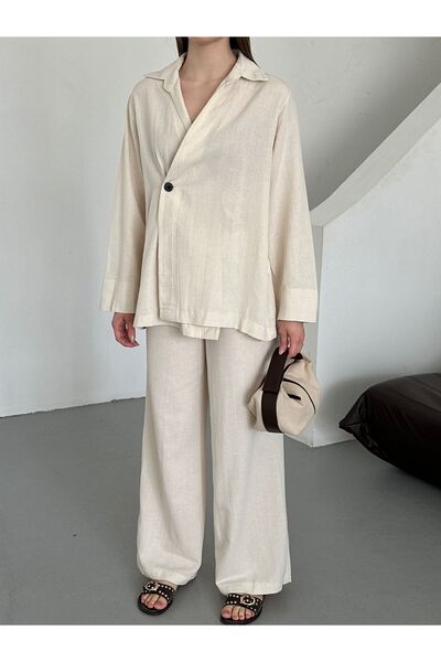 Laluvia Natural 100% Cotton Double Breasted Closure Single Button Kimono Trouser Suit - 8351