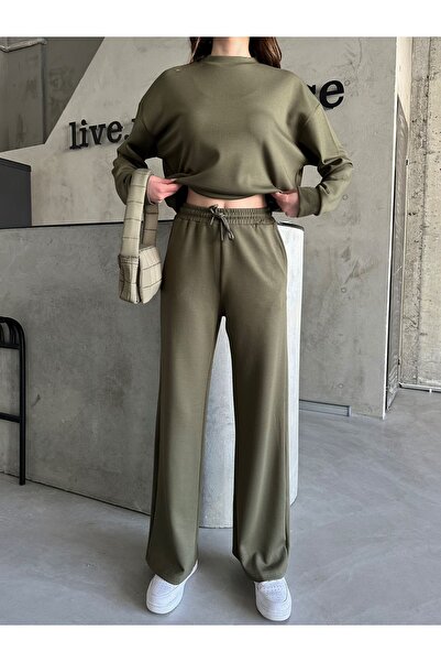 Laluvia Khakifarbenes Sweat-Hosenset mit weitem Bein