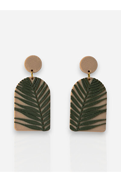 Happiears Bej Zemin Üzerine Yeşil Yaprak Desenli Özel Tasarım Küpe