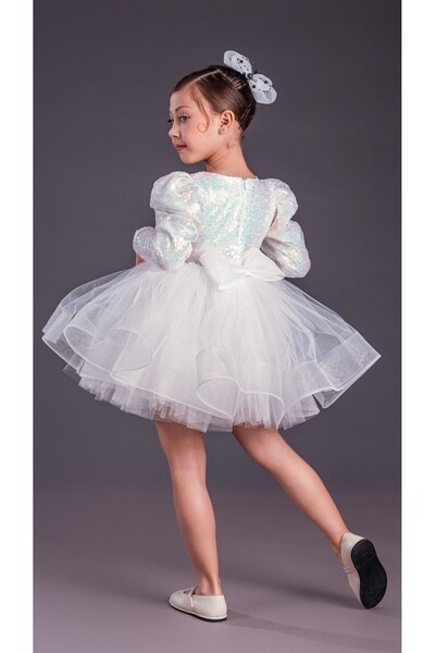 ABİYEKİDS Λευκό μπαλόνι με μανίκια ώμου με παγιέτες φόρεμα χορού 23 Απριλίου Παιδικό βραδινό φόρεμα ABY150