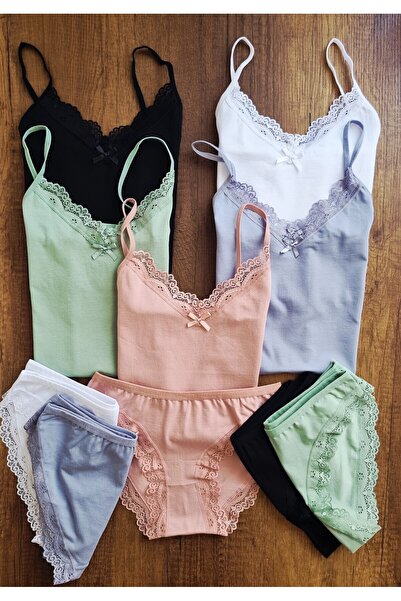 Demirsa Boutique Lace Rope Strap 5-Piece Powder, Green, Blue, Black and White Color Women's Athlete Panties Set