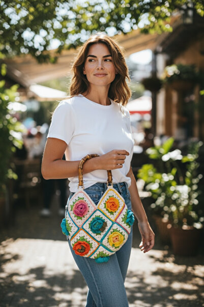 Satürn Hobi Knitted Rose Motif Ecru Bag