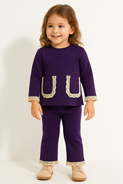 özge başaran Girl's Fisto Detailed 2-Piece Set – Lace Pocket Sweatshirt and Sweatpants