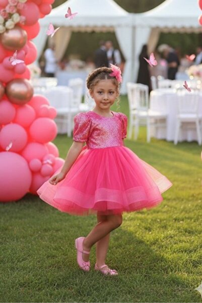 ABİYEKİDS Pembe Payetli Kısa Kollu Balo Gösteri Kıyafeti 23 Nisan Çocuk Abiye...