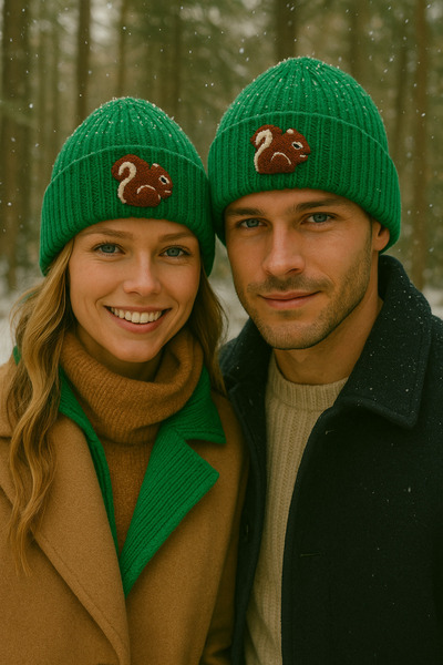 byebruketenci Yeşil yün bere sincap punch detaylı şapka yılbaşı hediye