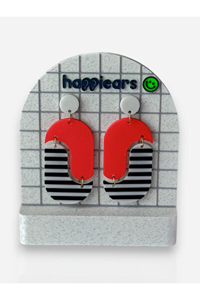 Happiears Kırmızı ve Siyah Beyaz Çizgili Geometrik Özel Tasarım Küpe