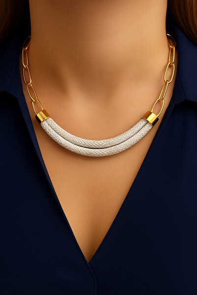 Kutcha Accessories Chain Short Necklace with Braided Detail – with Gold Colored Touches