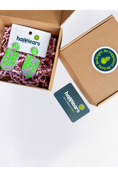 Happiears Mor Zemin Üzerine Neon Yeşil Desenli Özel Tasarım Küpe