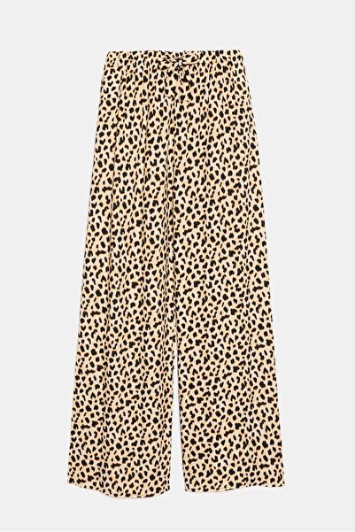 Saade Leopar Desenli Kadın Desenli Beli Lastikli Bağlamalı Bol Paça Dokuma Pa...
