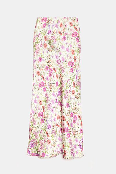 Saade Multicolored Floral Patterned Satin Maxi Length Woven Skirt